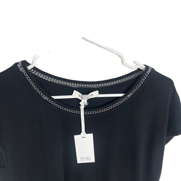 Rose & olive black top with silver. Chain detail along the entire collar sheer t - Picture 10 of 16